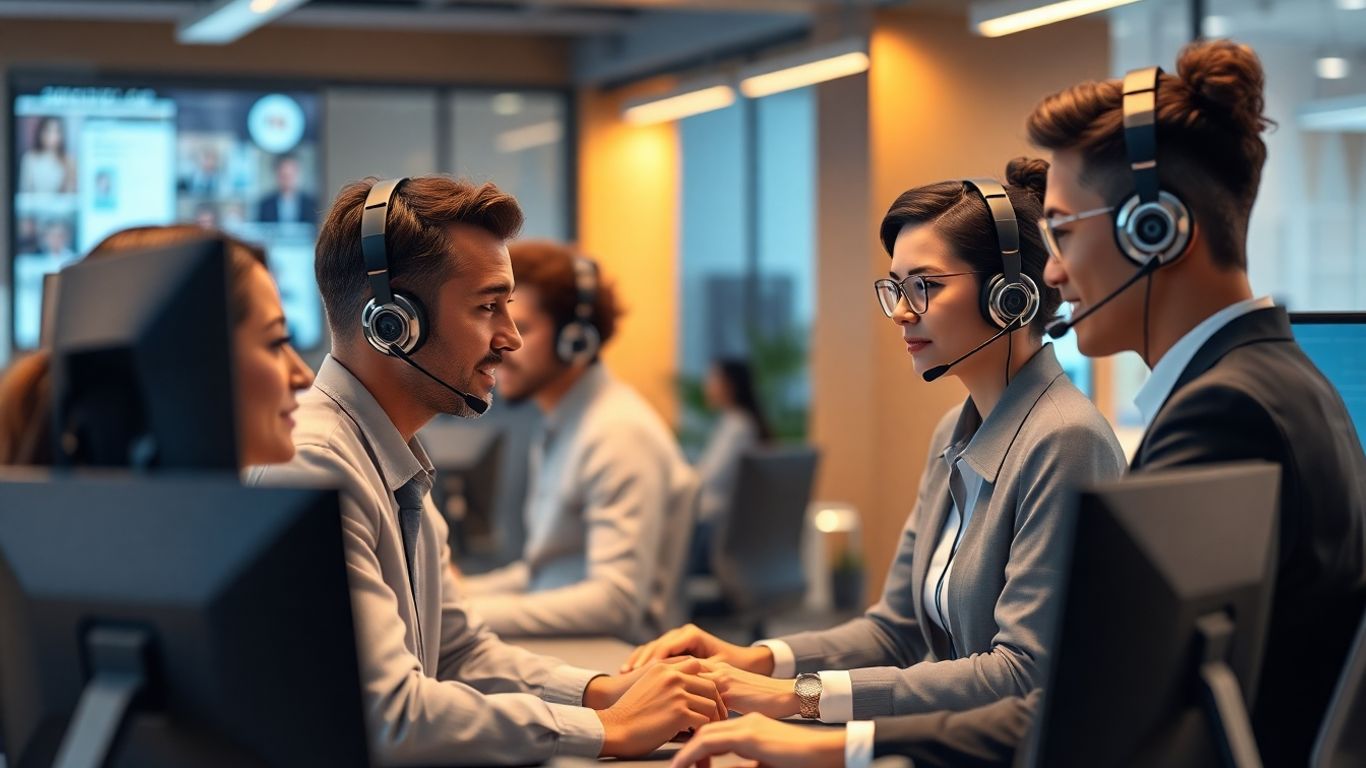 Modern team using AI voice headsets in office