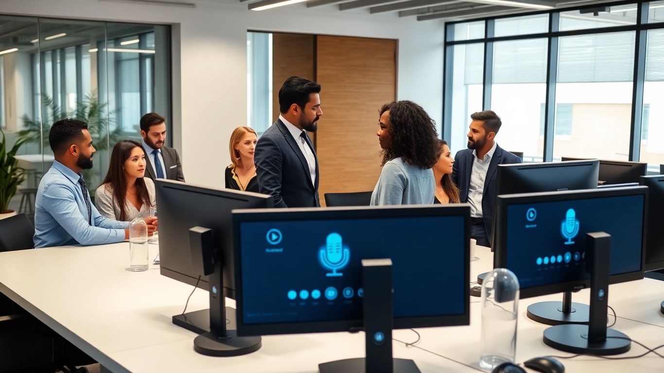 Business meeting with AI voice agents and modern technology