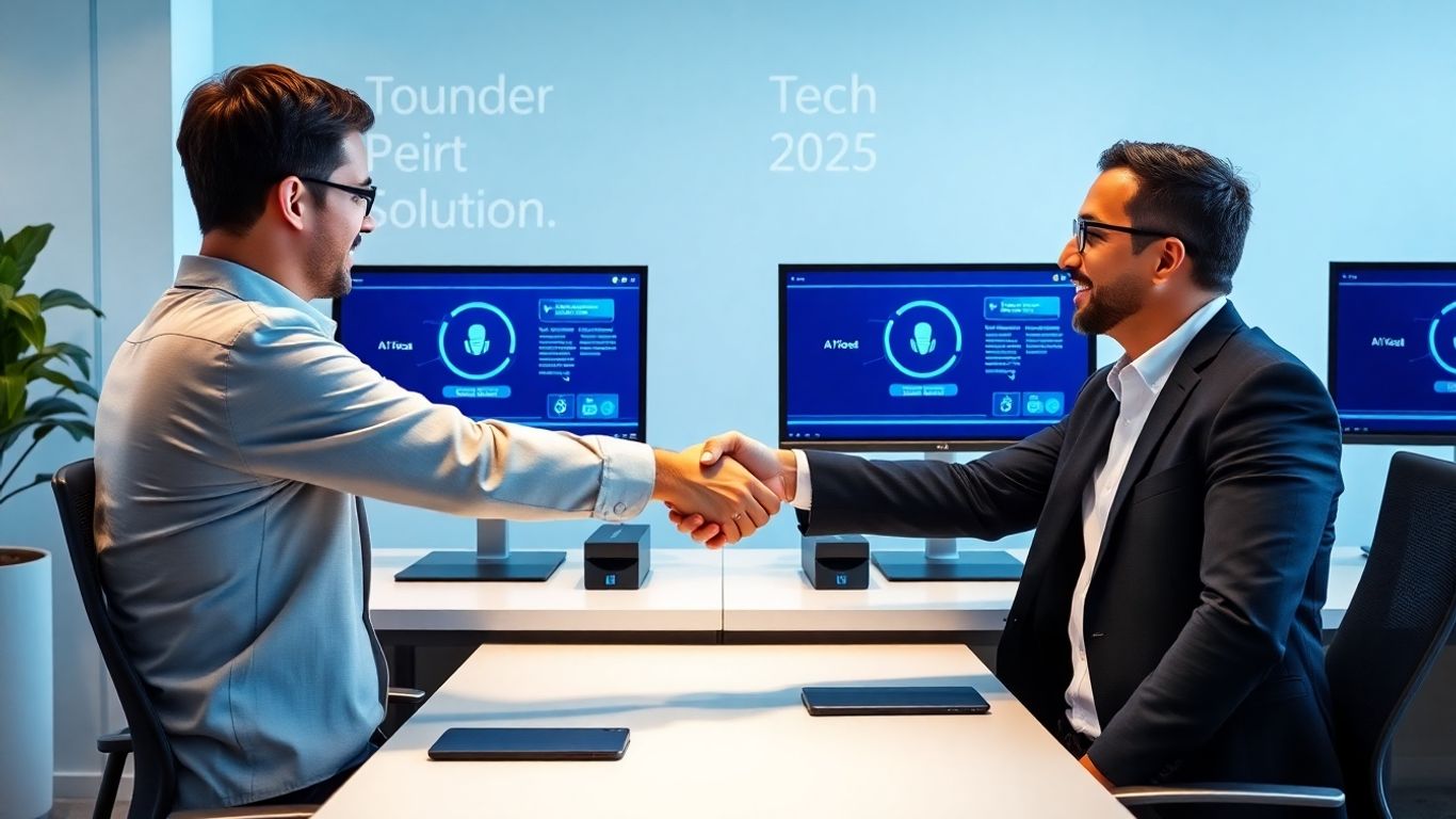 Business handshake in office with AI technology displays