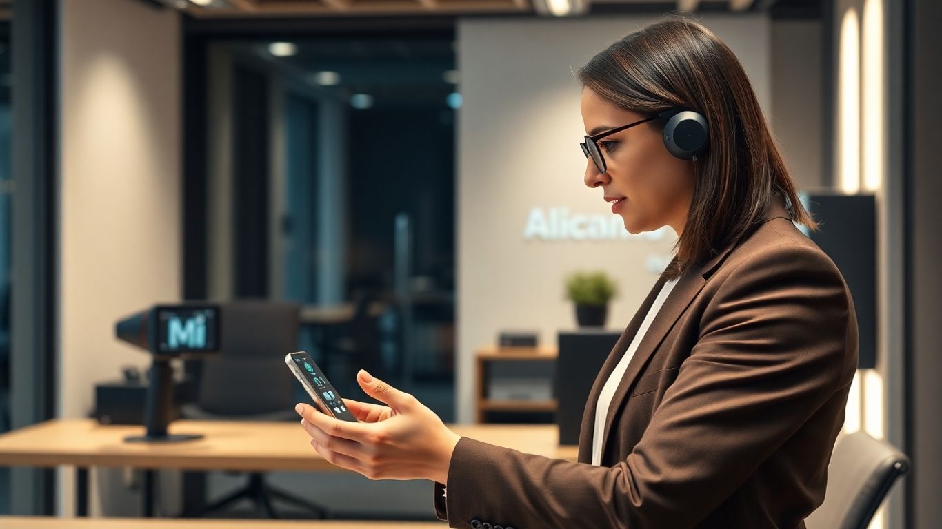 Businessperson using AI voice assistant in modern office