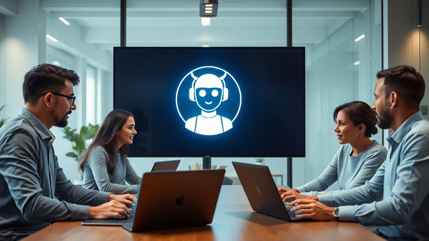 Professionals discussing AI chatbot reselling strategies in office