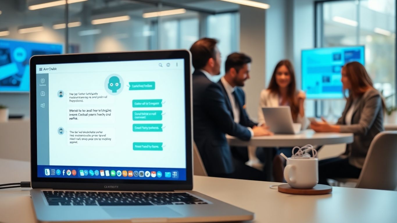 Business team collaborating with AI chatbot on laptop