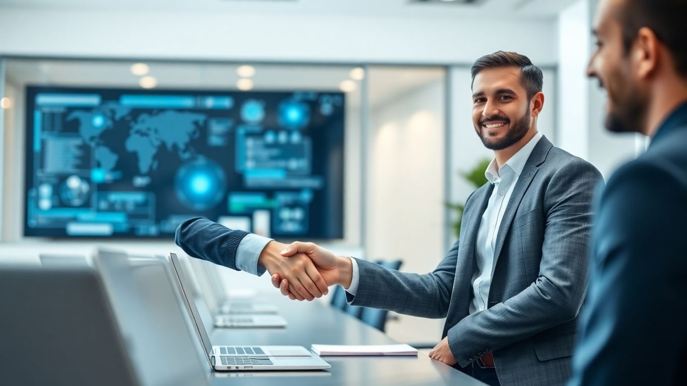 Professional handshake in modern AI technology office