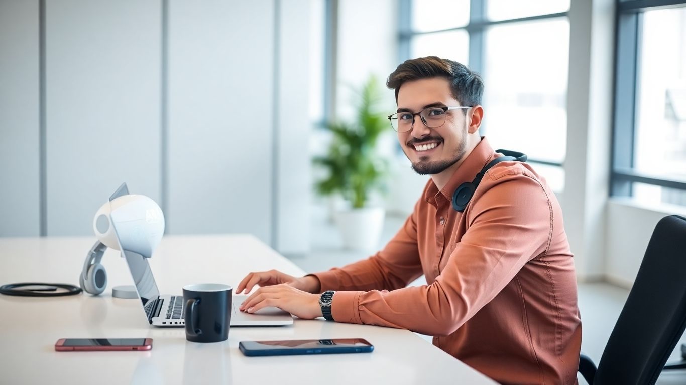 Young person using laptop with AI elements