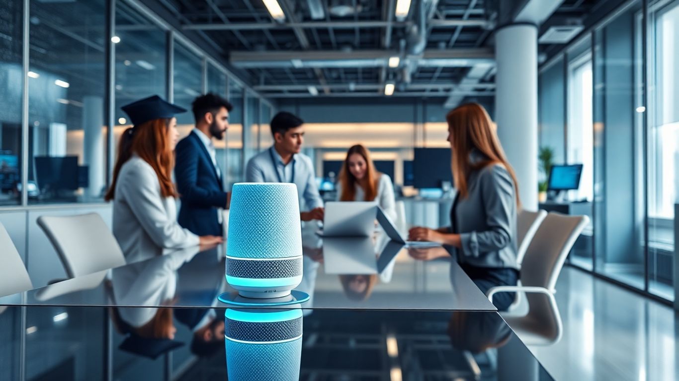 Professionals using a voice AI device in modern office