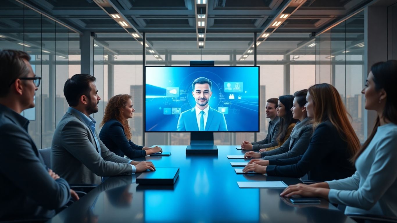 Office workers interact with AI hologram during meeting
