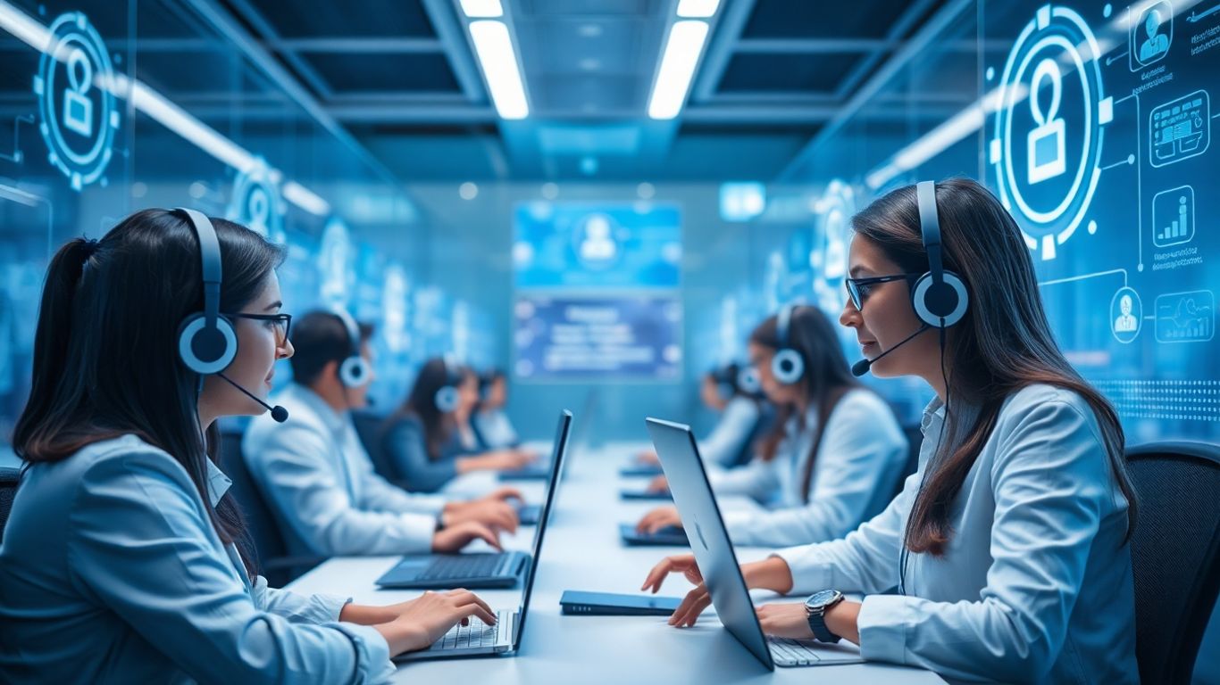 Professionals using AI voice agents in futuristic office