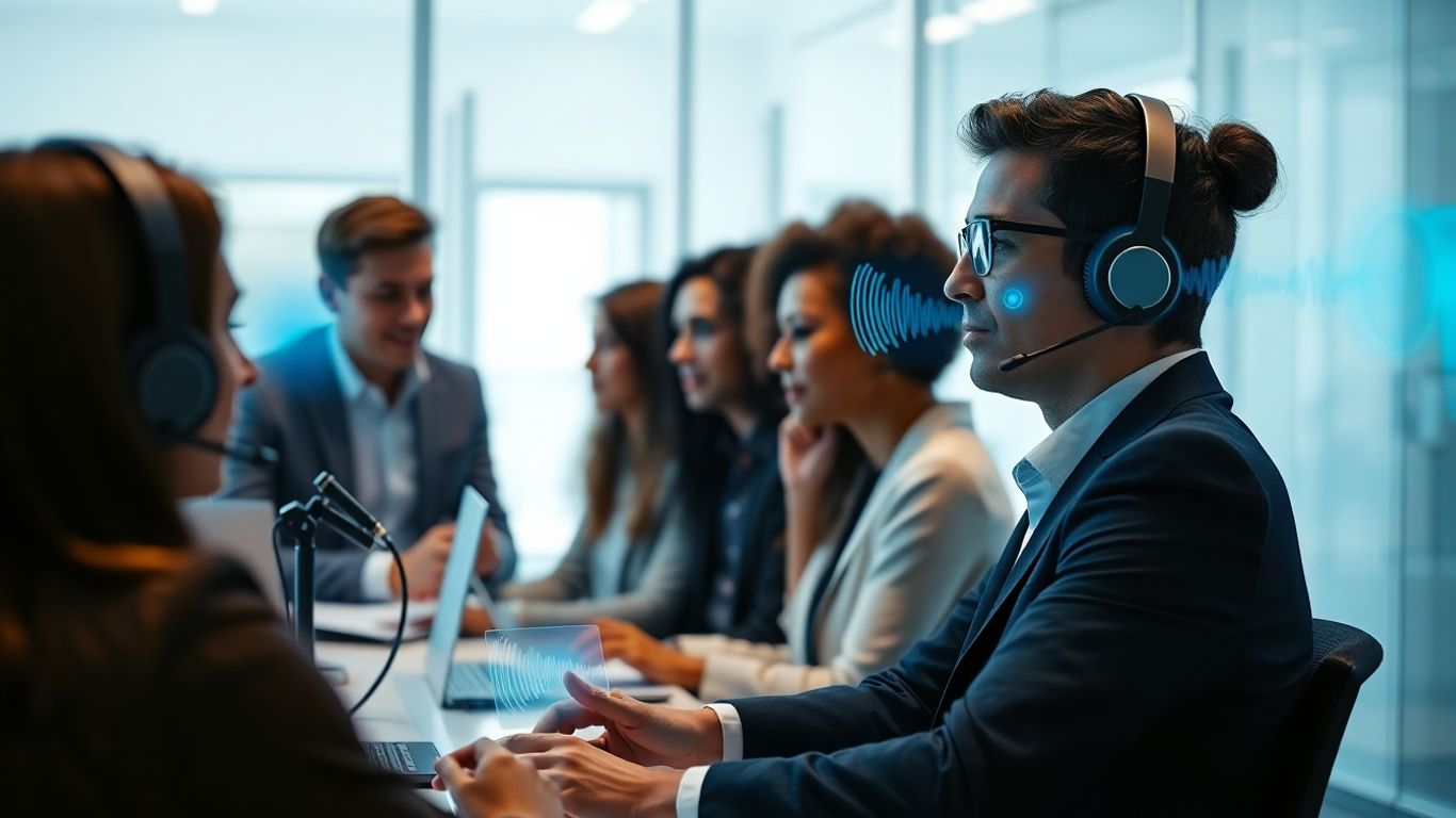Professionals interact with AI assistants in a futuristic office.