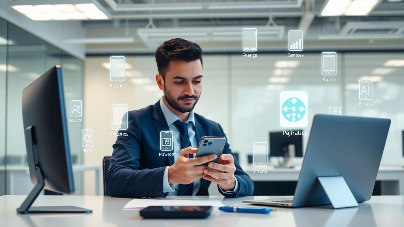 Businessman using smartphone with AI holograms in office.