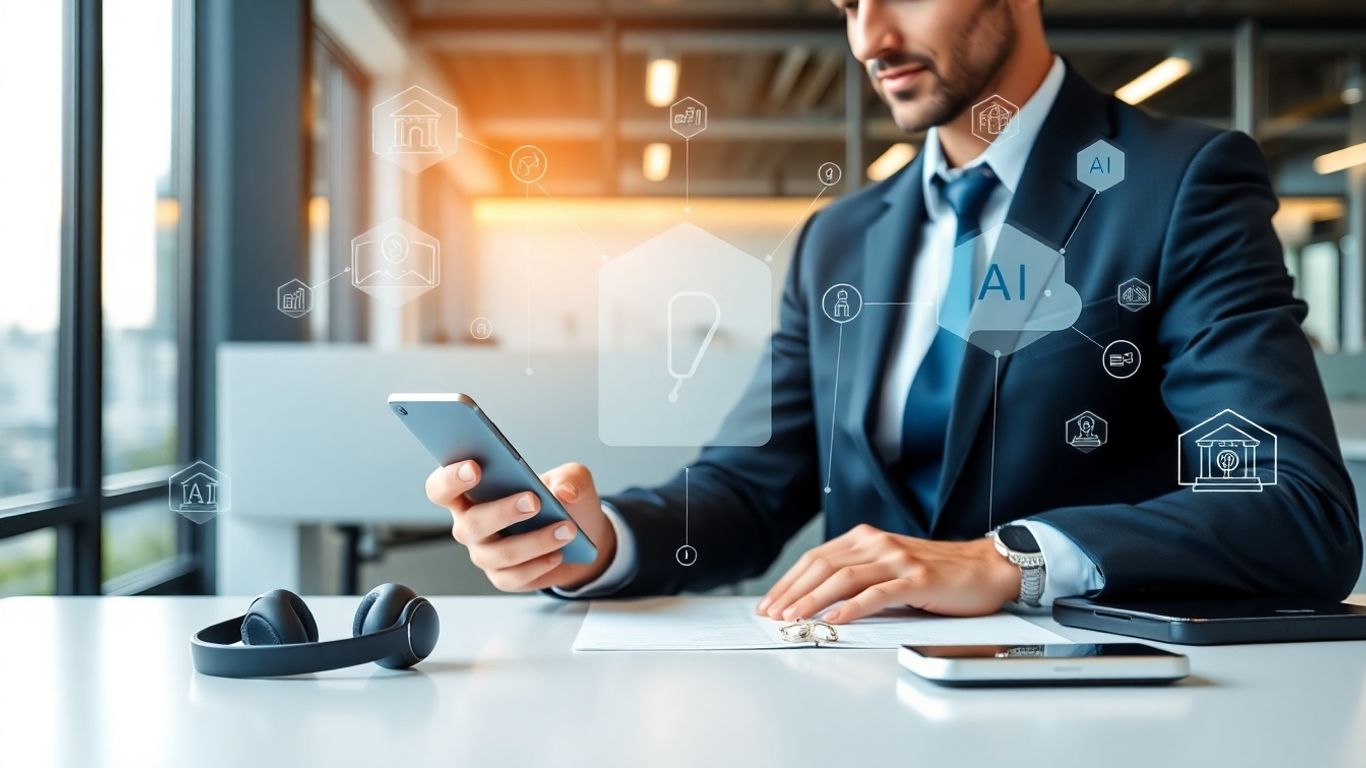 Businessperson using AI-powered smartphone in modern office