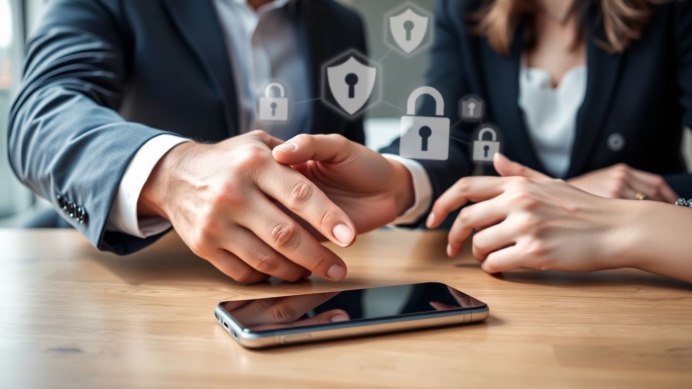 Business handshake, smartphone, privacy icons in professional office