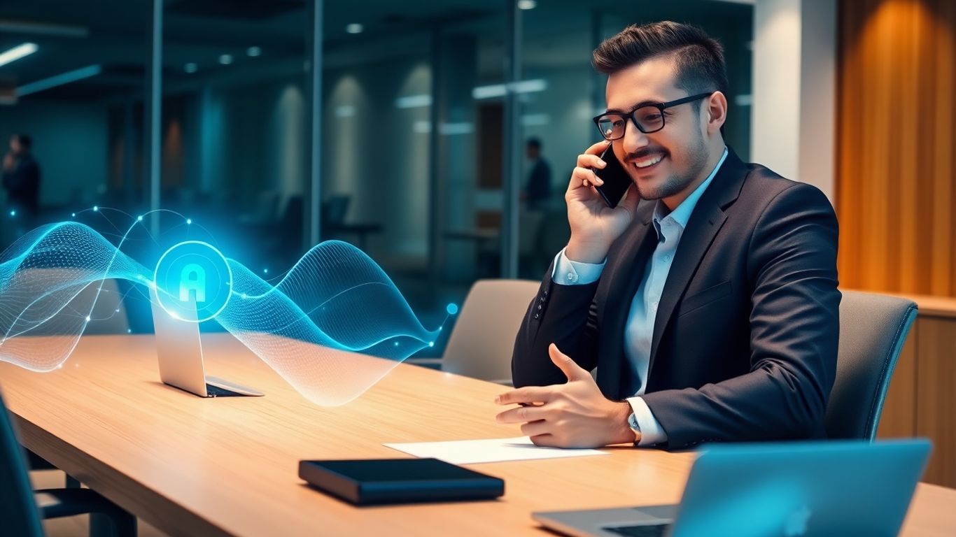 Business professional using AI-powered phone in modern office