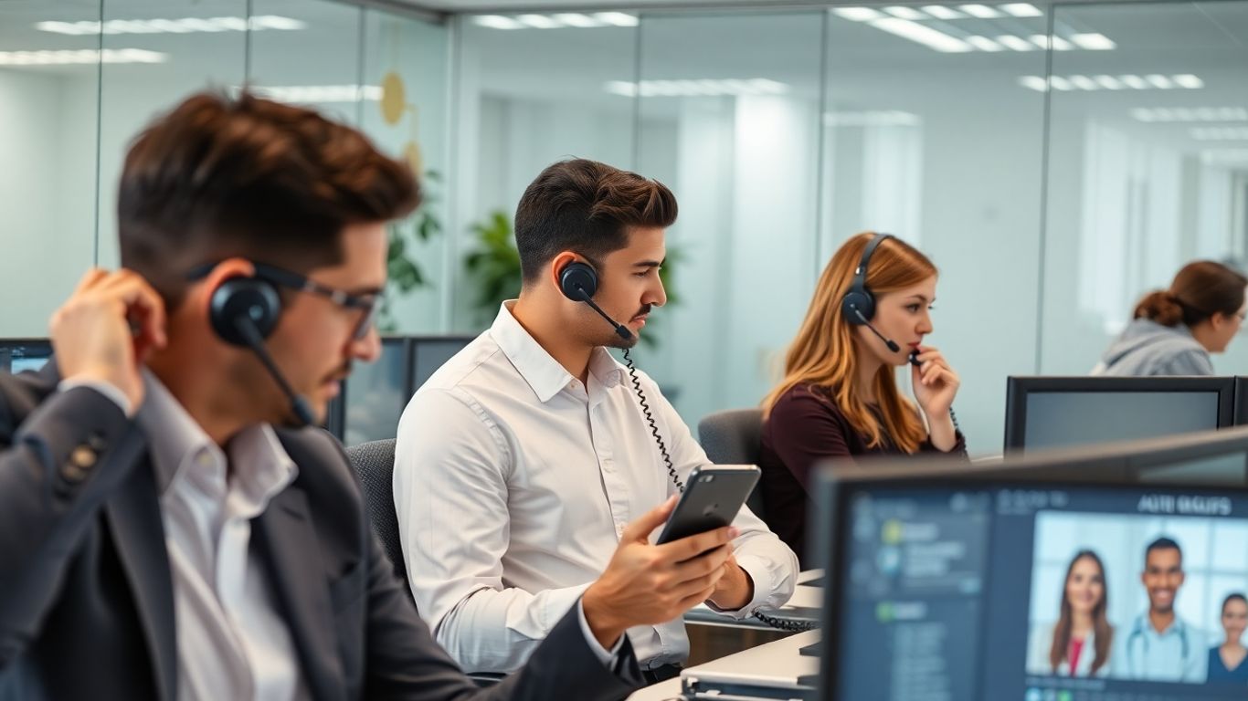 Professionals using voice AI technology in modern office