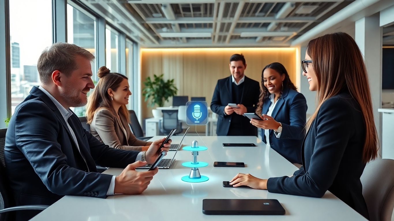Professionals use AI voice assistants in a modern office.