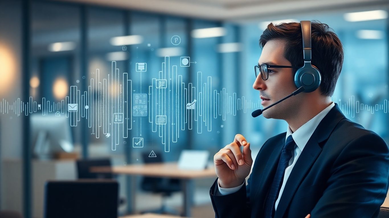 Business professional using AI voice technology in office