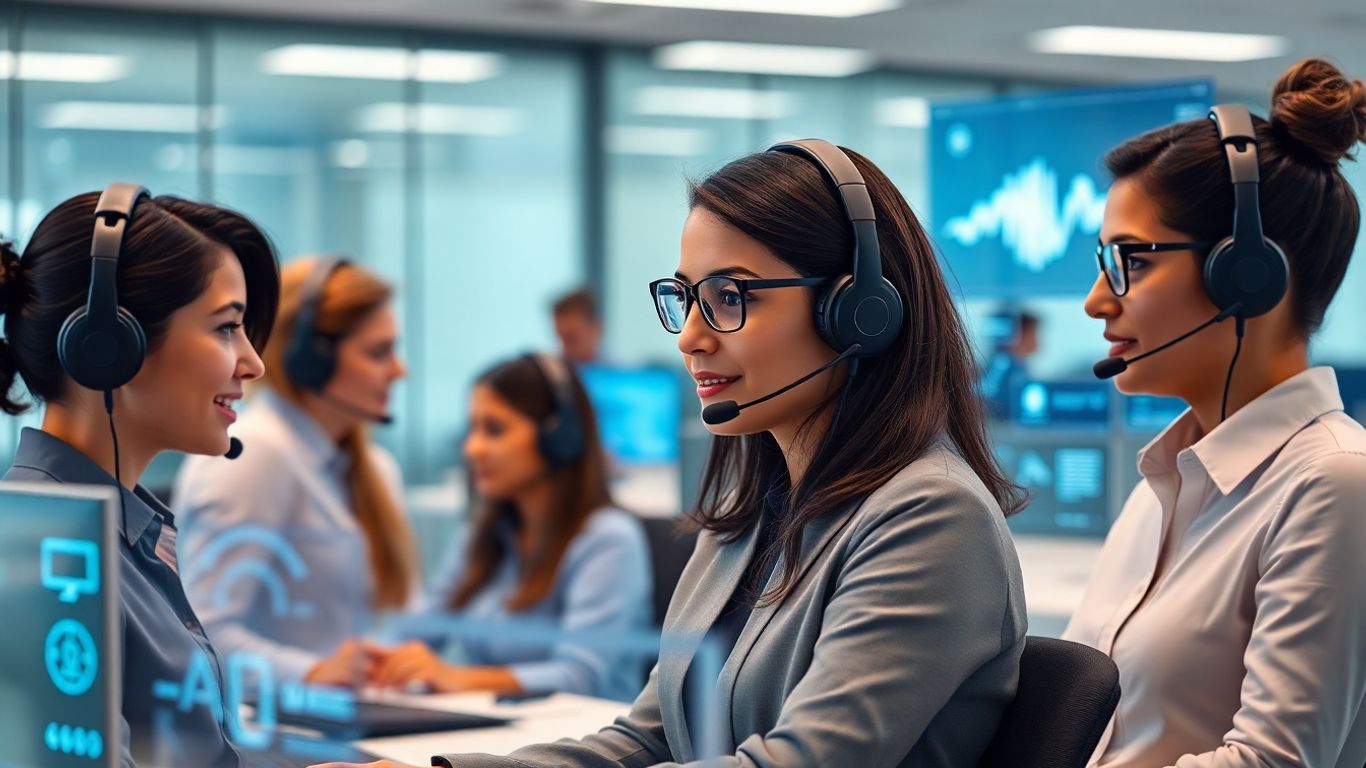 Customer service team interacts with futuristic voice AI assistants