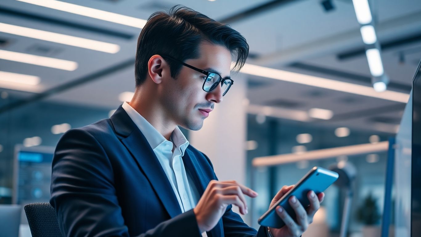 Professional uses voice AI device in high-tech office.