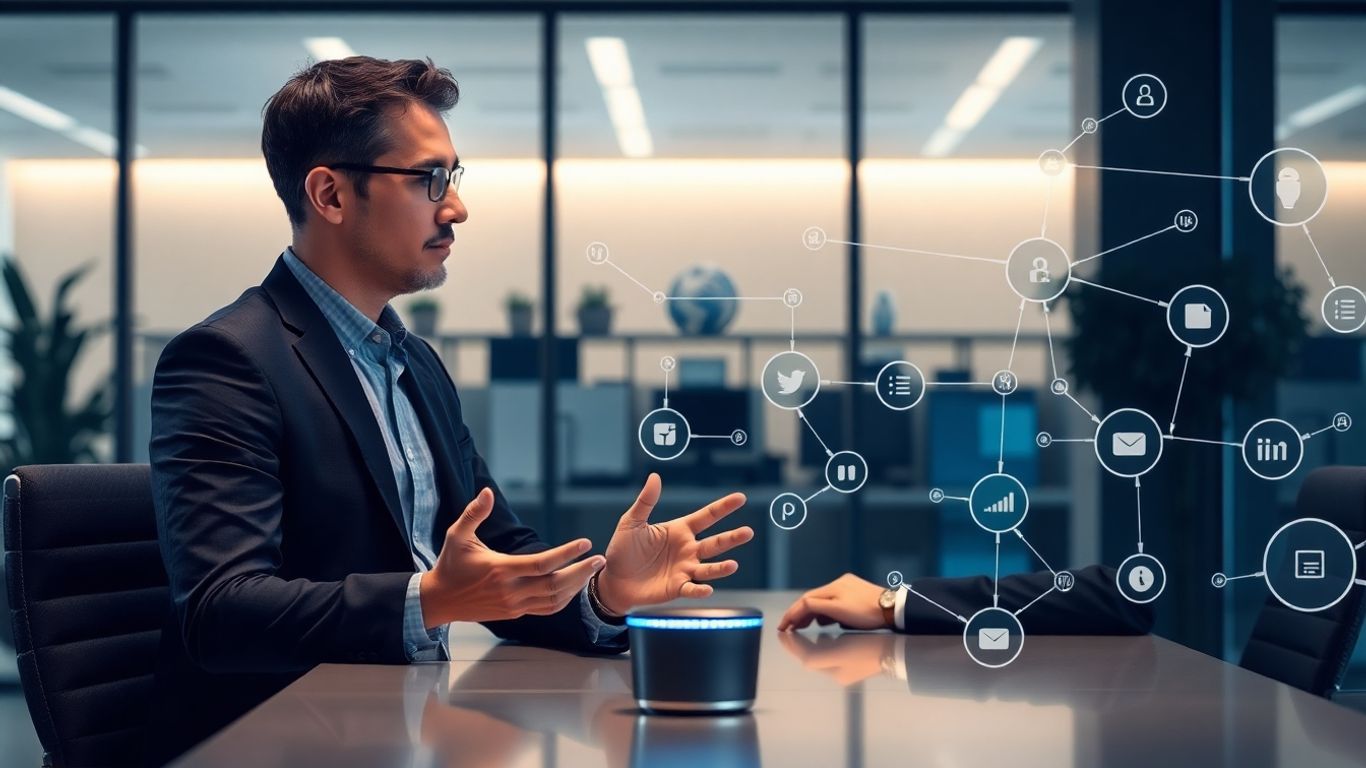 Businessperson using AI voice assistant with automation tools