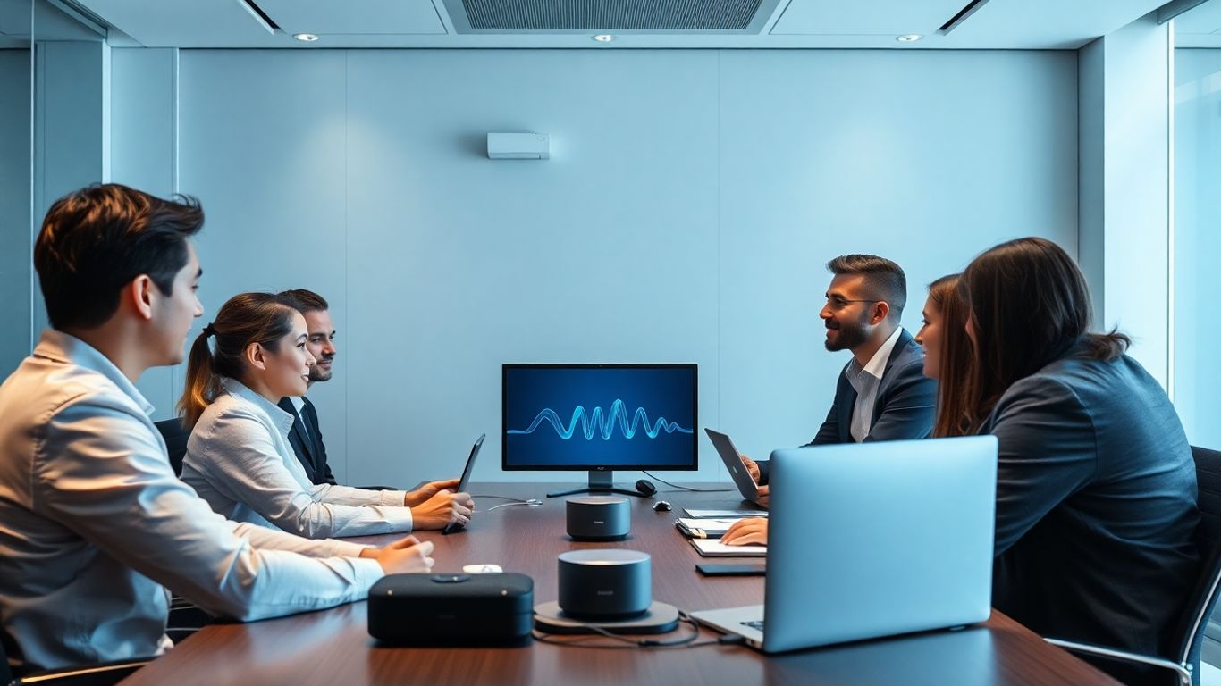 Business team discussing AI voice agent technology in office