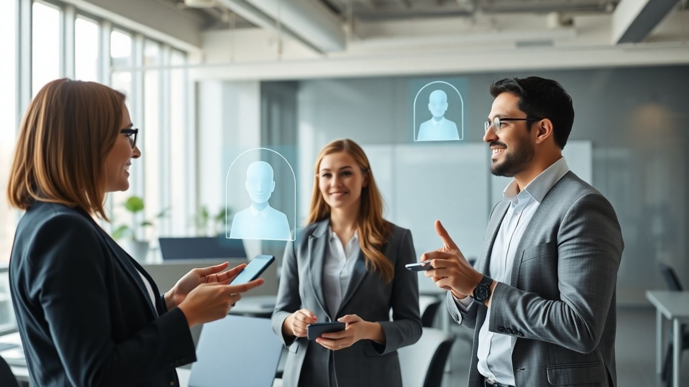 People using AI voice assistants in modern office