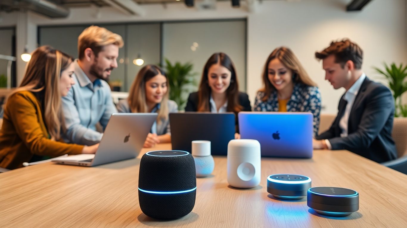 Agency team working with futuristic voice AI devices