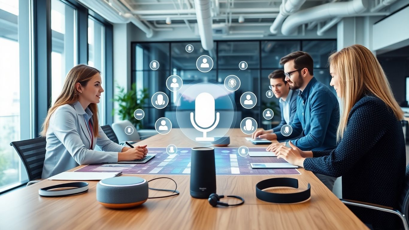 Agency team collaborating around AI voice technology devices