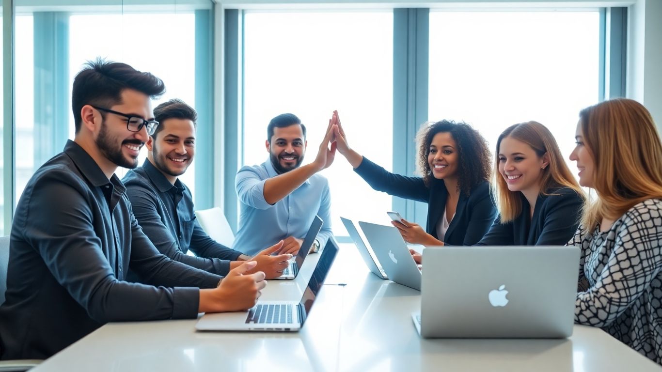 Business team collaborating on AI software in office