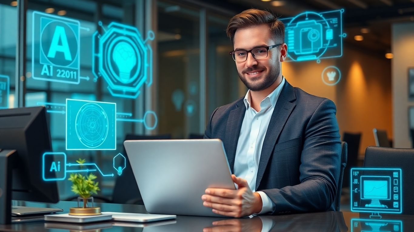 Business professional with AI technology in modern office