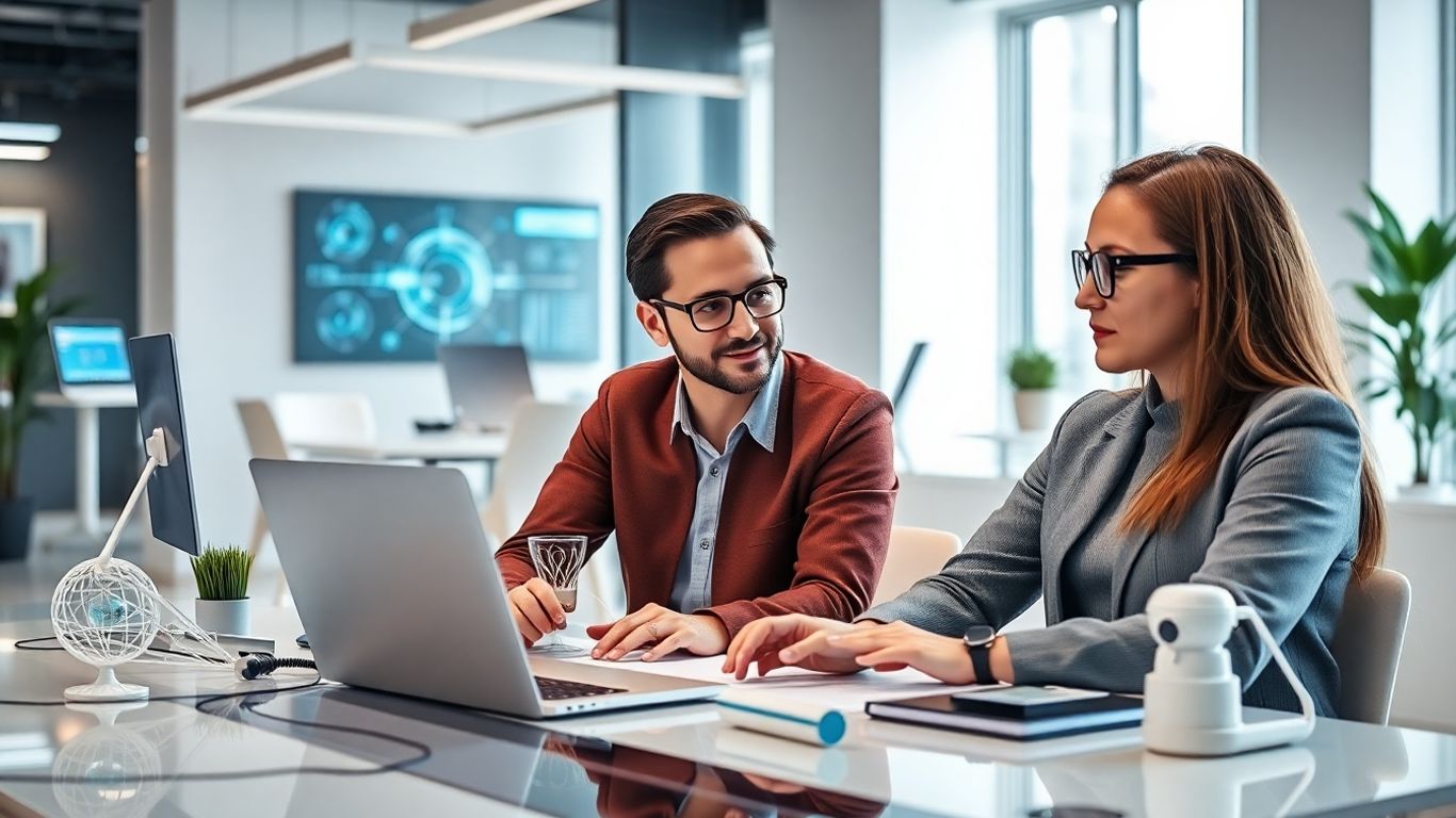 Two professionals reviewing AI software on a laptop