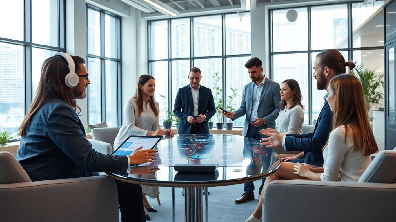 Professionals using advanced voice AI in modern office