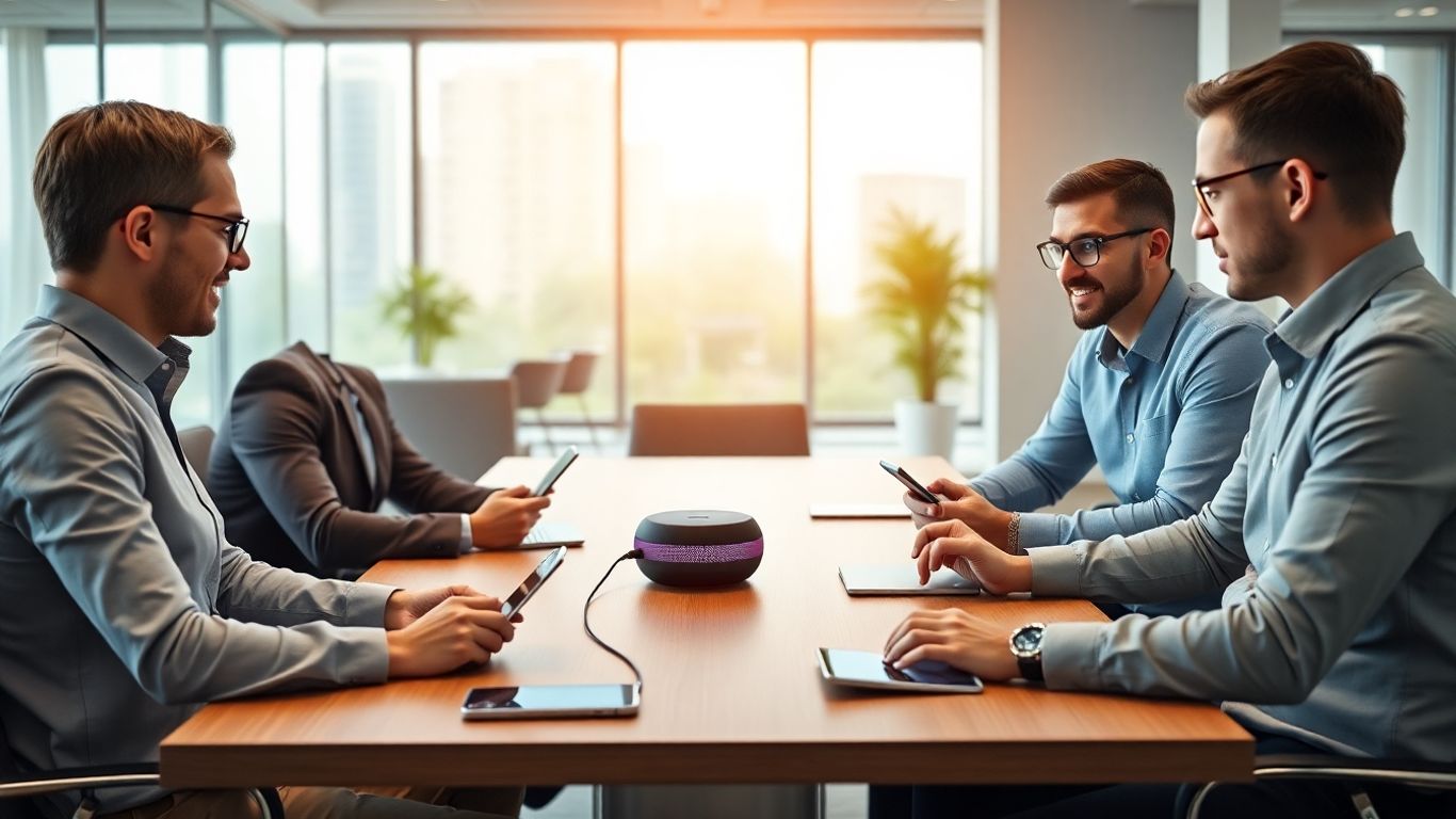 Business team using voice AI technology devices together