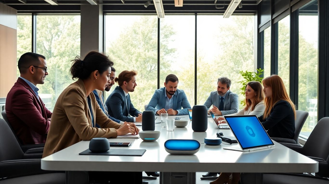 Business team using voice AI devices in modern office