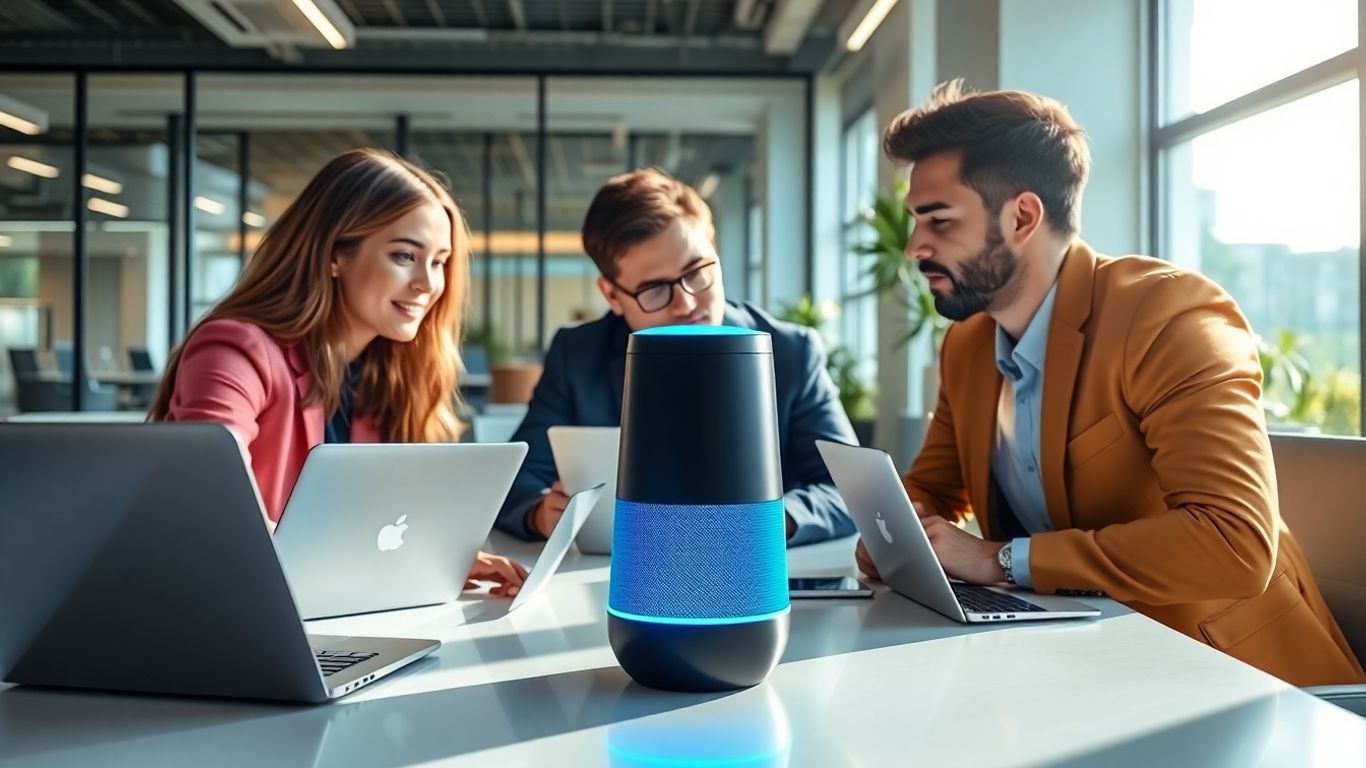 Business team using voice AI platform in modern office