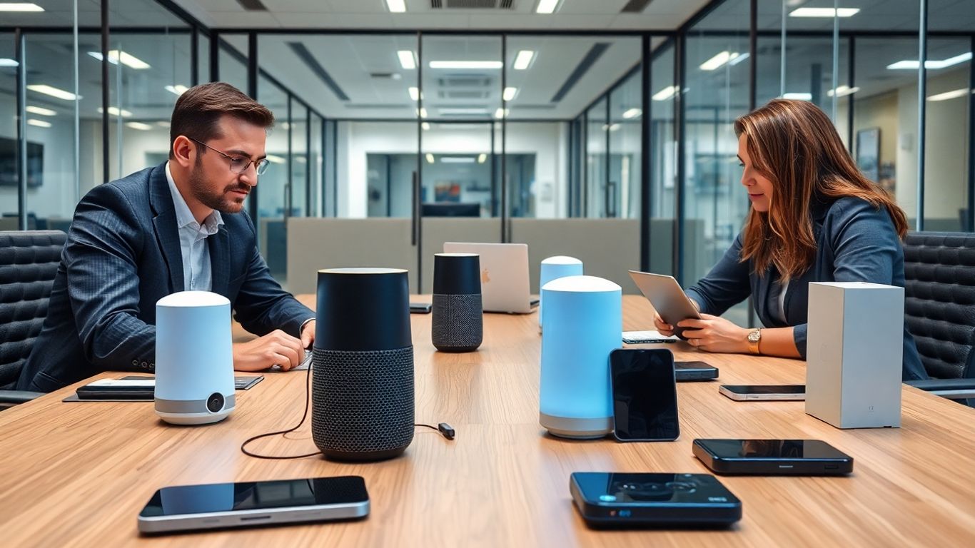Business team reviews modern branded voice AI devices