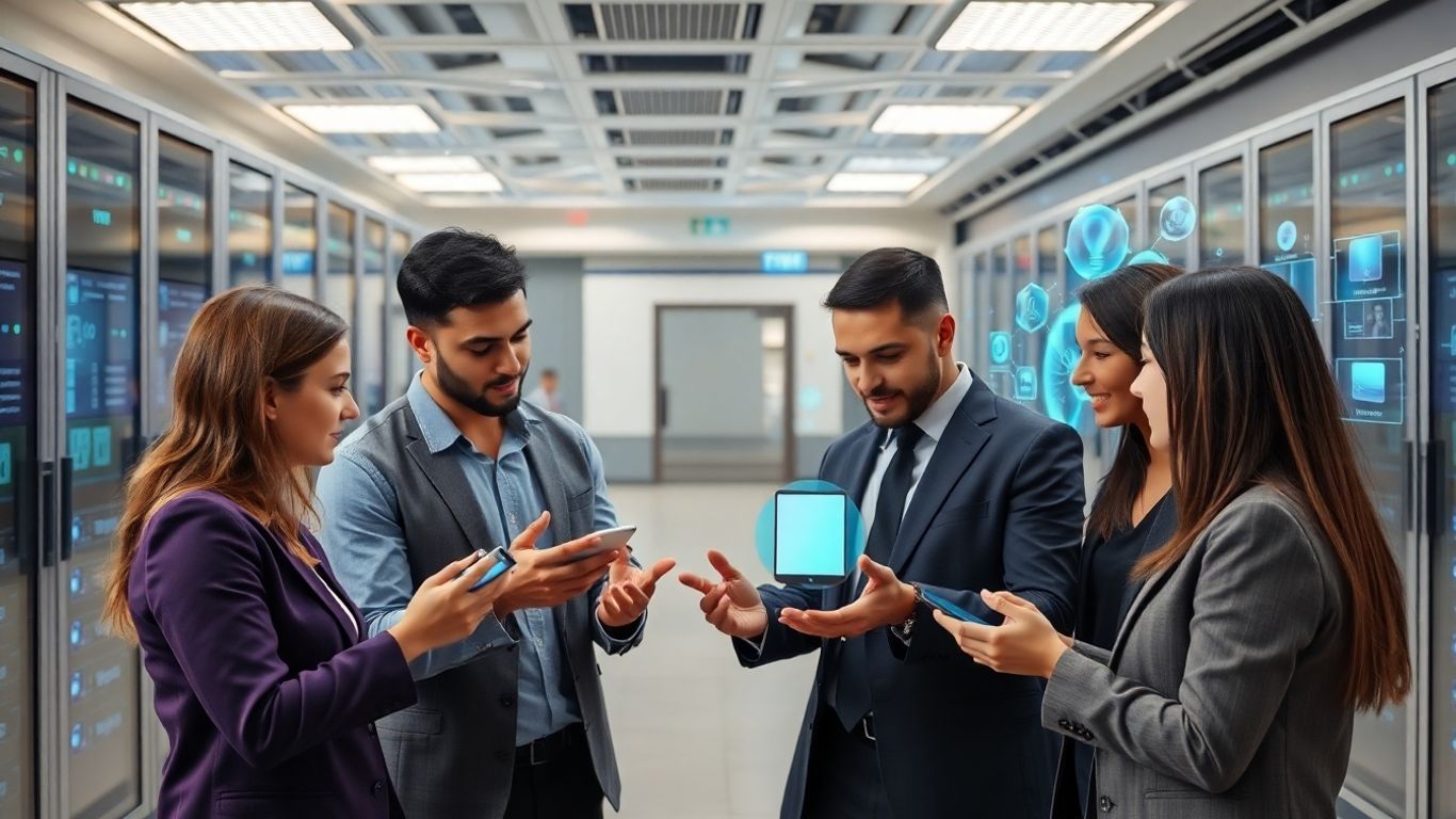 Business professionals discussing AI technology in modern office