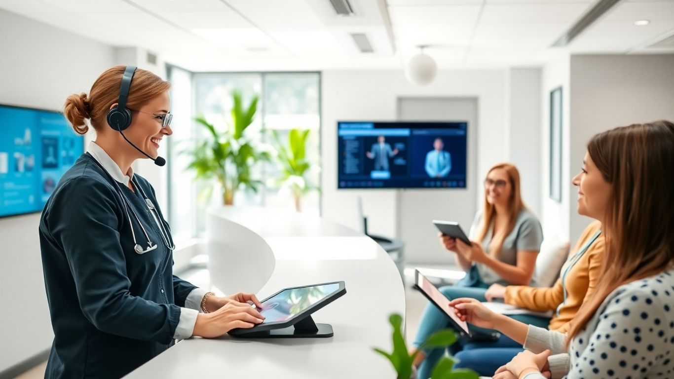 Clinic receptionist using headset with patients and technology