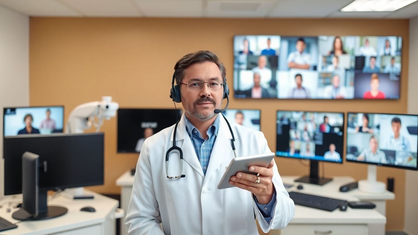 Doctor on video call assisting multiple patients remotely.
