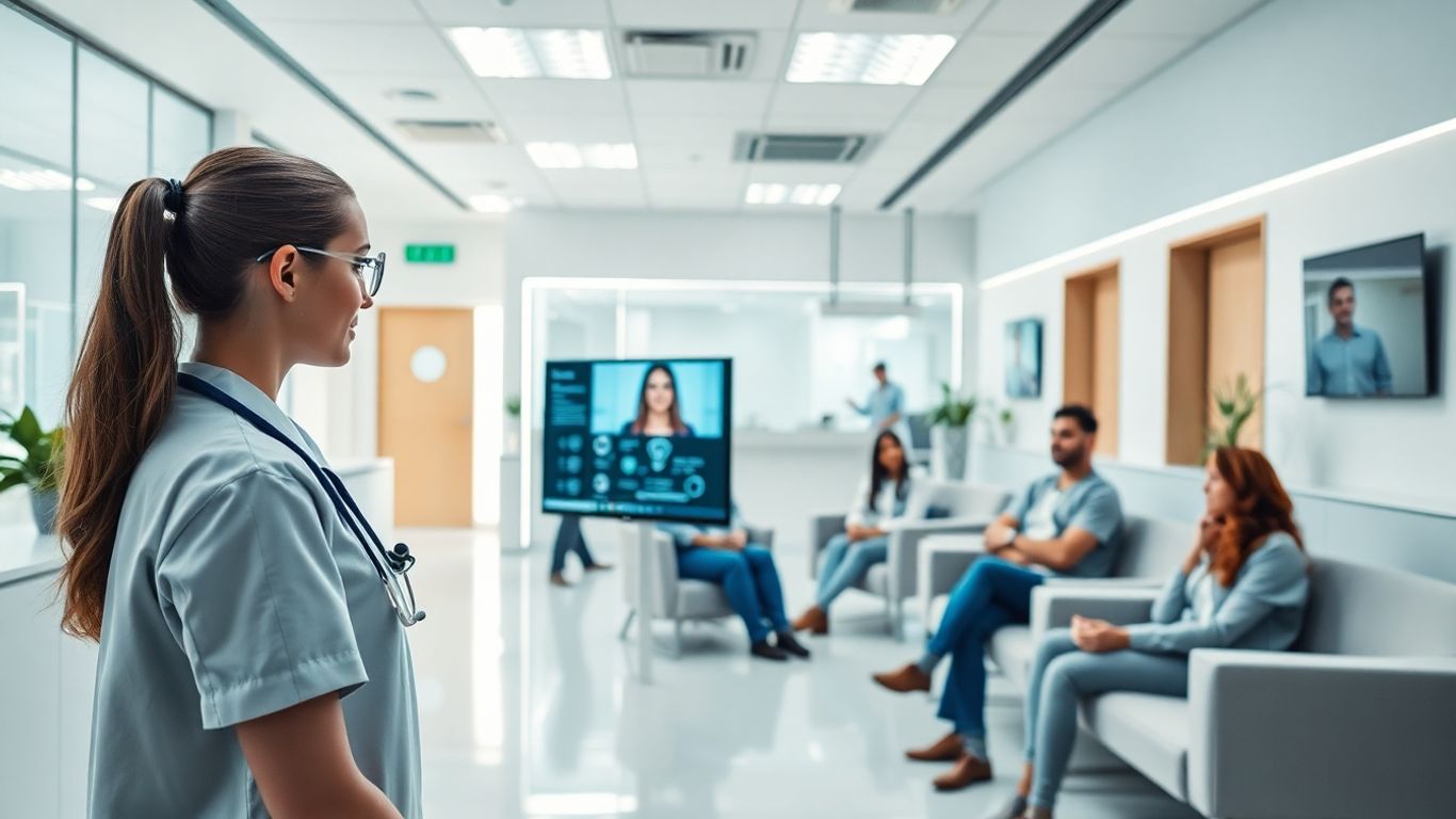 Nurse using AI assistant in a modern clinic