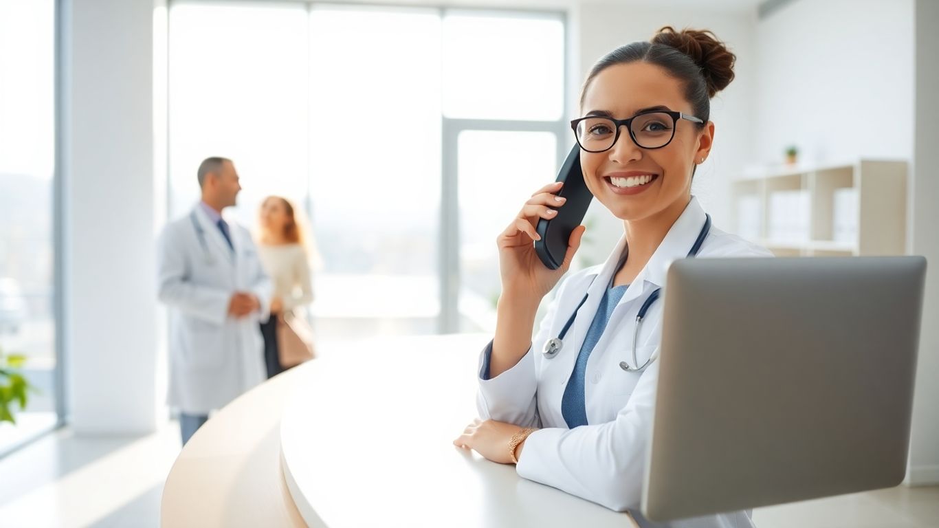 Receptionist answering phone in bright medical office