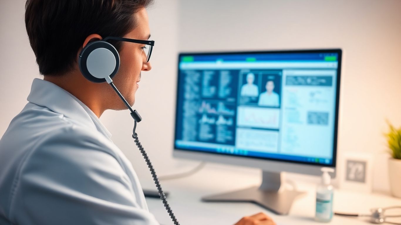 Doctor with headset in secure medical office