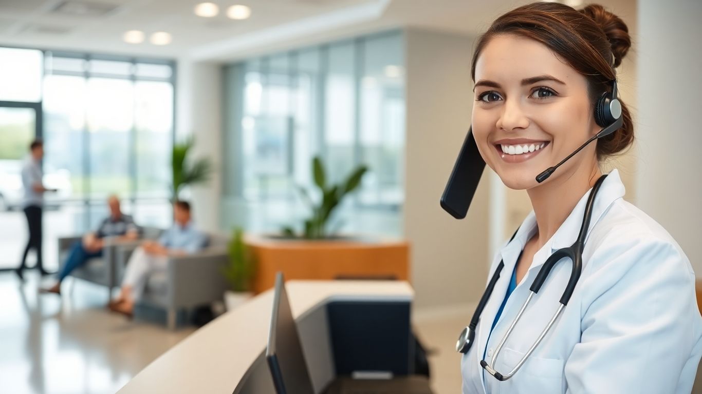 Medical receptionist answering phone at clinic front desk