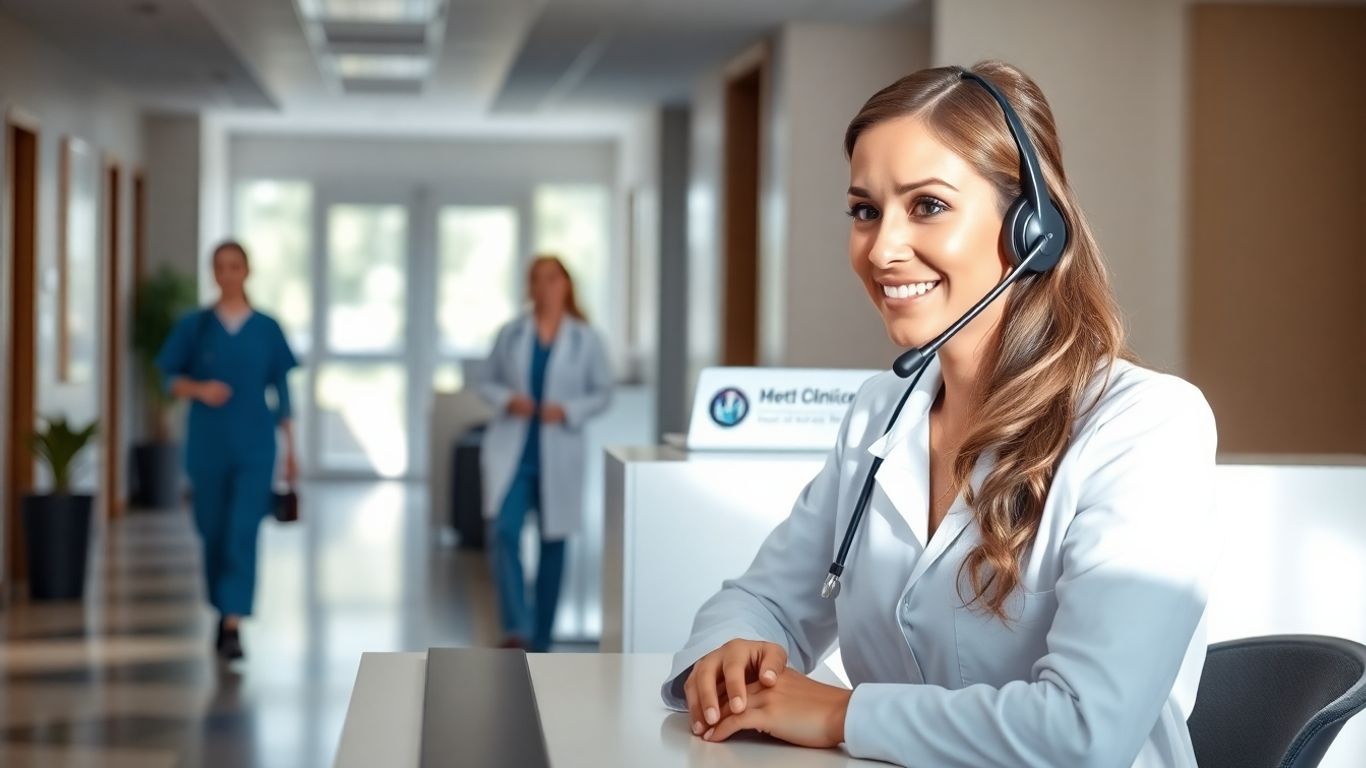 Medical receptionist on headset at clinic desk