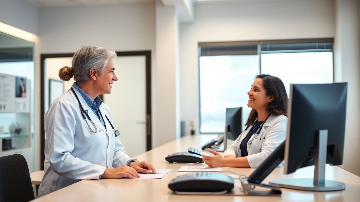 Medical receptionist and doctor collaborating in office