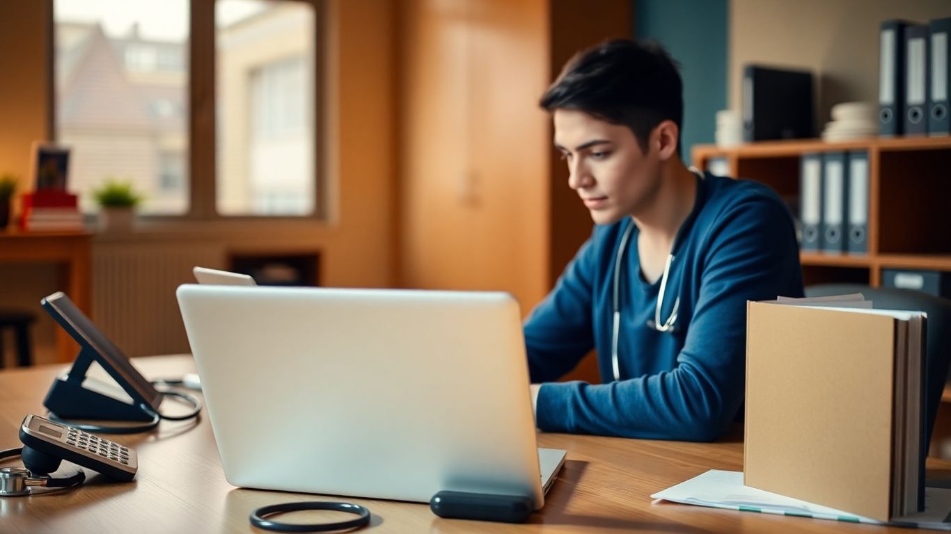 Person using laptop with security token at desk