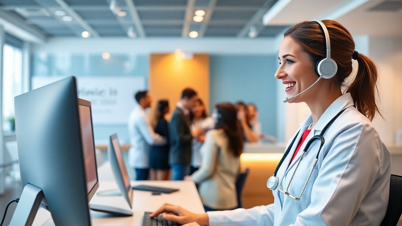 Medical receptionist with headset helps patients at clinic