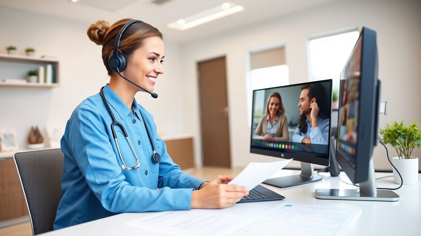 Doctor with headset talks to patient on video call