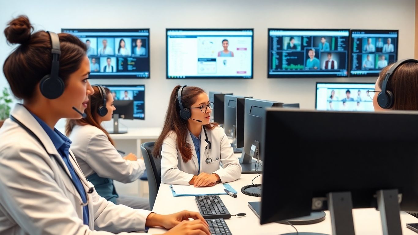Healthcare team coordinating across clinic locations using computers.