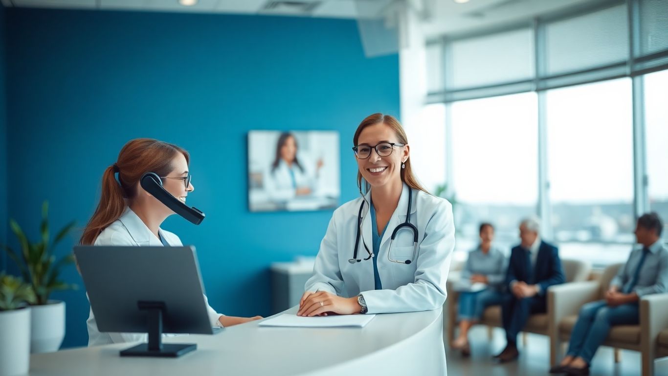 Receptionist answering phone in Syracuse medical clinic