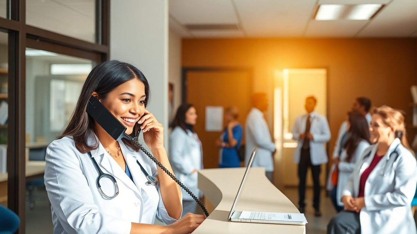 Receptionist answering phone in Syracuse medical office