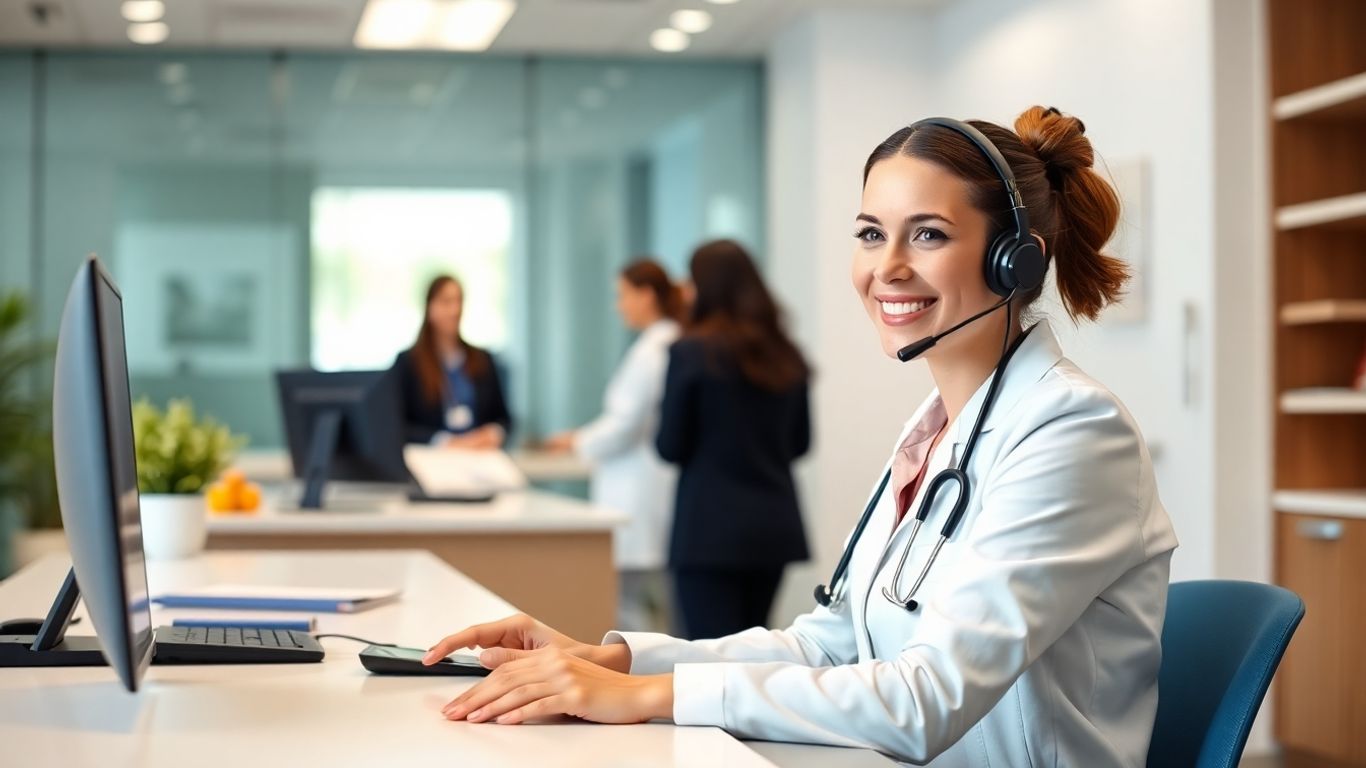 Medical receptionist with headset helps patients at healthcare office
